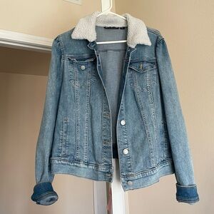 New York & Company Blue Denim Jacket with White Sherpa Collar